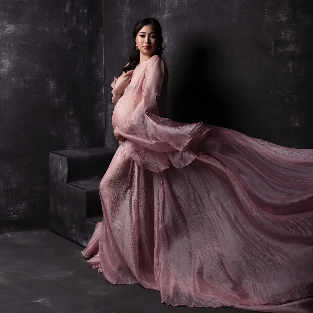 Simple Style Long Sleeve Soft Tulle Dress Clothes For Pregnant Women Floor Length Long Tail Dress Maternity Photo Shoot Dresses