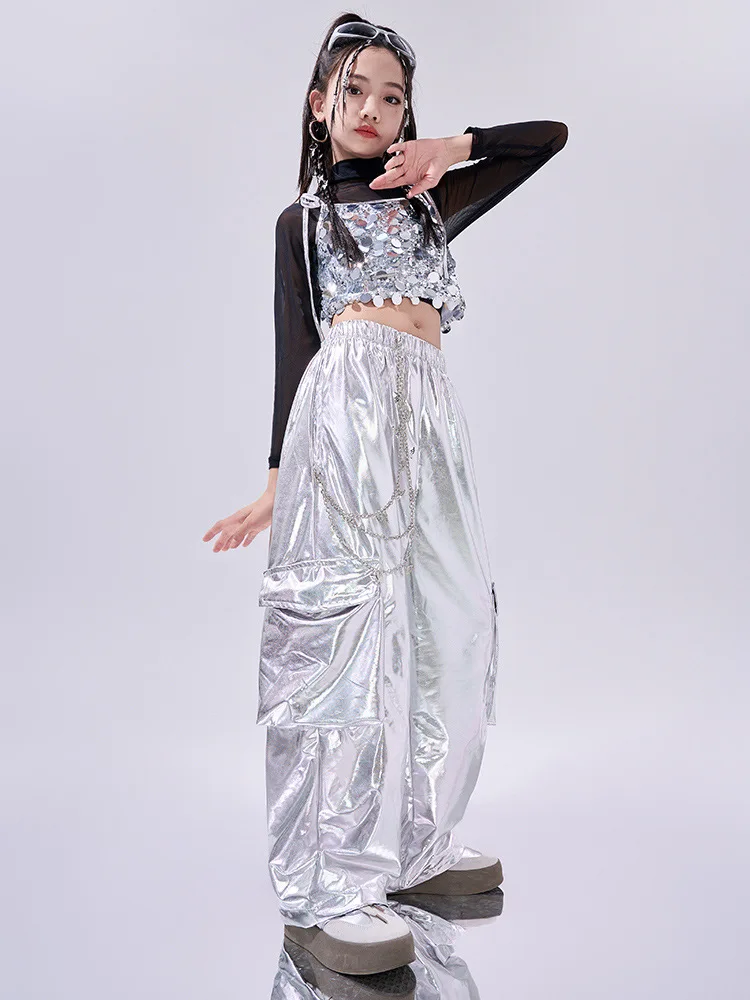 Hip Hop Clothes For Girls Silver Suit Sequin Crop Tops Pants Jazz Dance Performance Costume Stage Competition Clothing