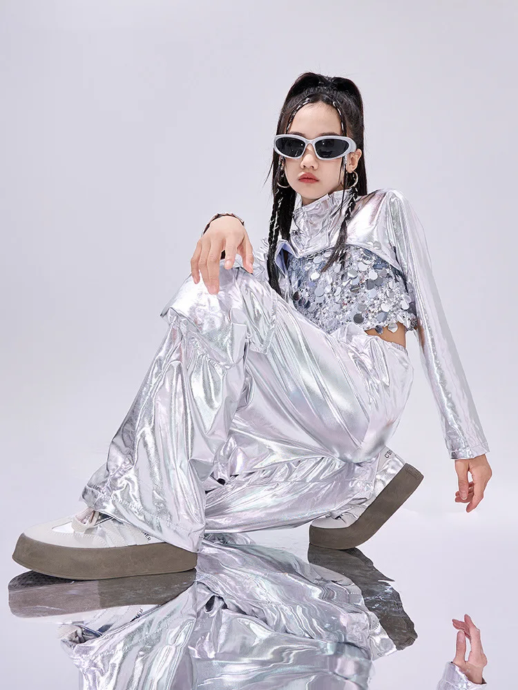 Hip Hop Clothes For Girls Silver Suit Sequin Crop Tops Pants Jazz Dance Performance Costume Stage Competition Clothing