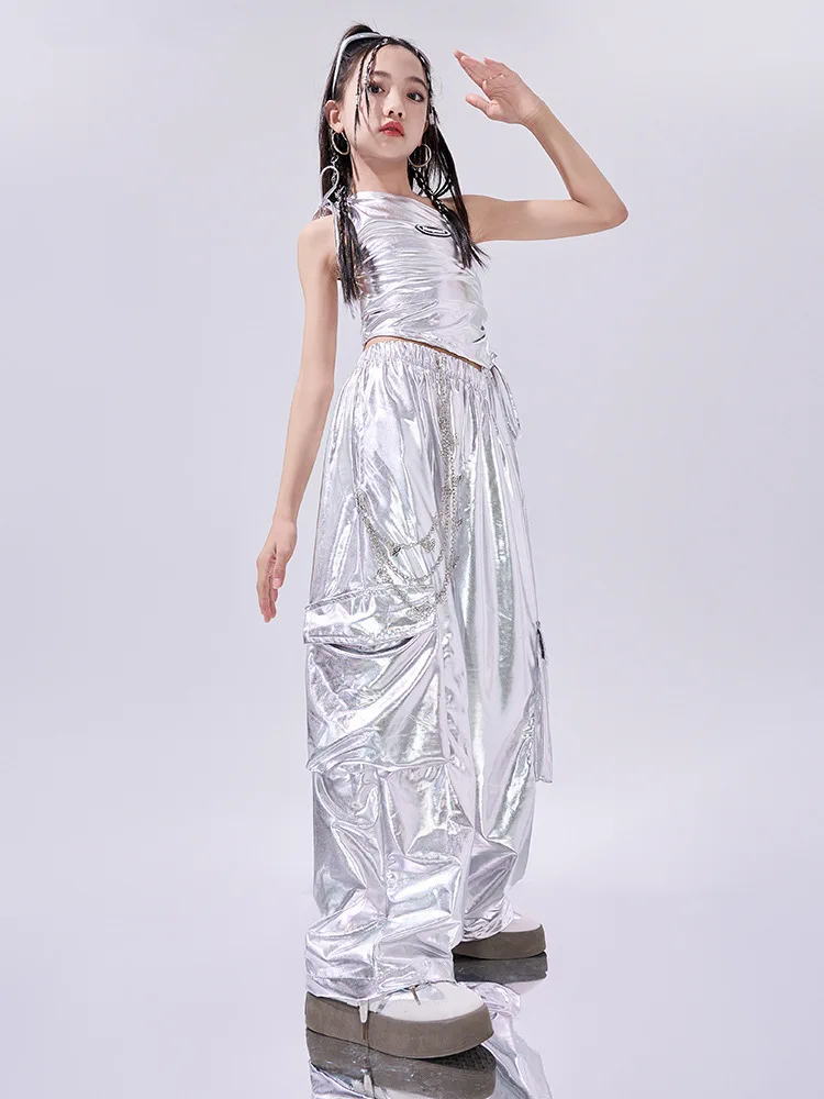 Hip Hop Clothes For Girls Silver Suit Sequin Crop Tops Pants Jazz Dance Performance Costume Stage Competition Clothing