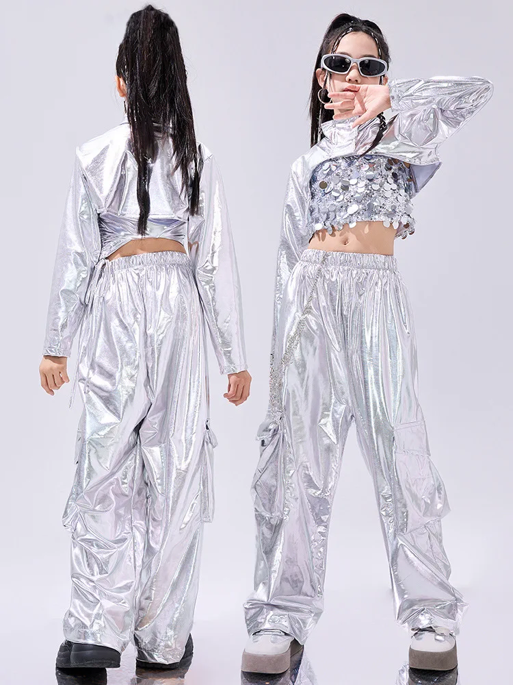 Hip Hop Clothes For Girls Silver Suit Sequin Crop Tops Pants Jazz Dance Performance Costume Stage Competition Clothing