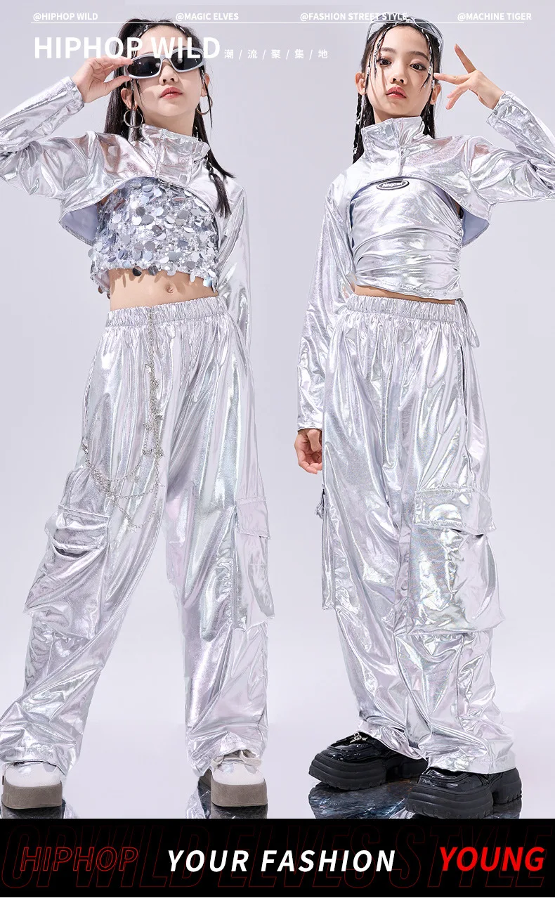Hip Hop Clothes For Girls Silver Suit Sequin Crop Tops Pants Jazz Dance Performance Costume Stage Competition Clothing
