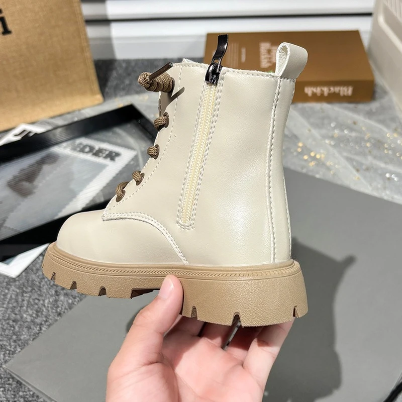 Kids Fashion Causal Boots 2025 New Autumn Boots for Girls Black Beige School Versatile Children Platform Leather Boots Simple
