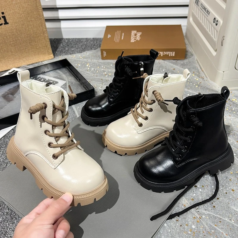 Kids Fashion Causal Boots 2025 New Autumn Boots for Girls Black Beige School Versatile Children Platform Leather Boots Simple