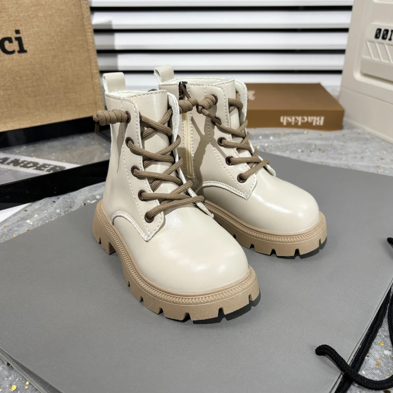 Kids Fashion Causal Boots 2025 New Autumn Boots for Girls Black Beige School Versatile Children Platform Leather Boots Simple