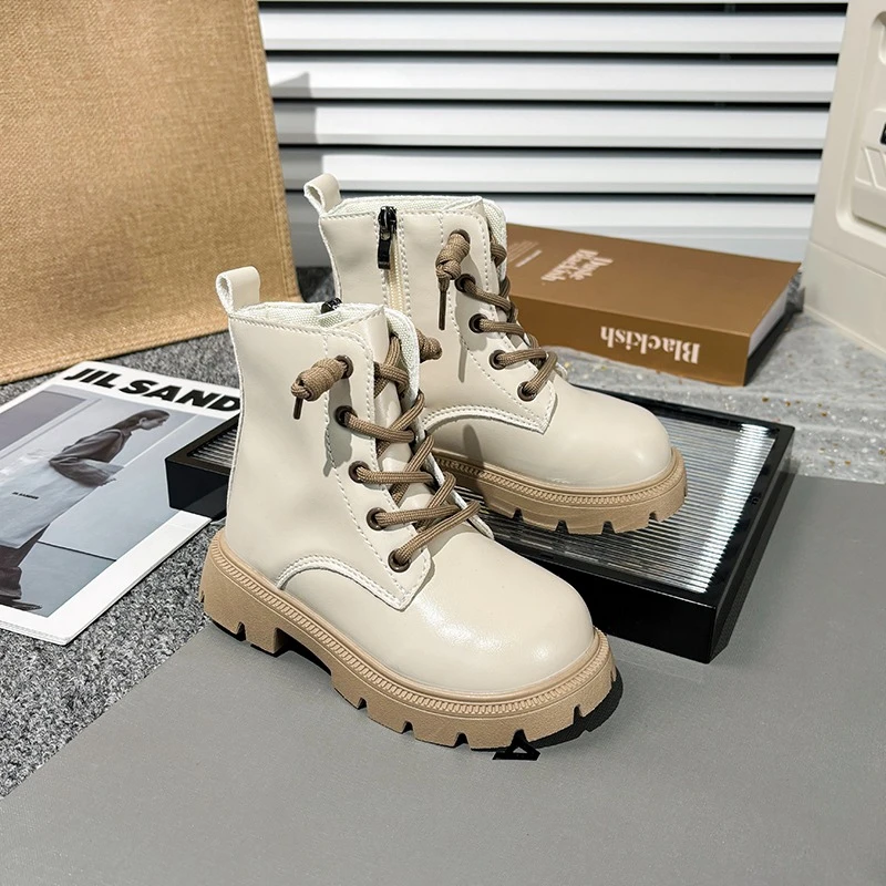 Kids Fashion Causal Boots 2025 New Autumn Boots for Girls Black Beige School Versatile Children Platform Leather Boots Simple