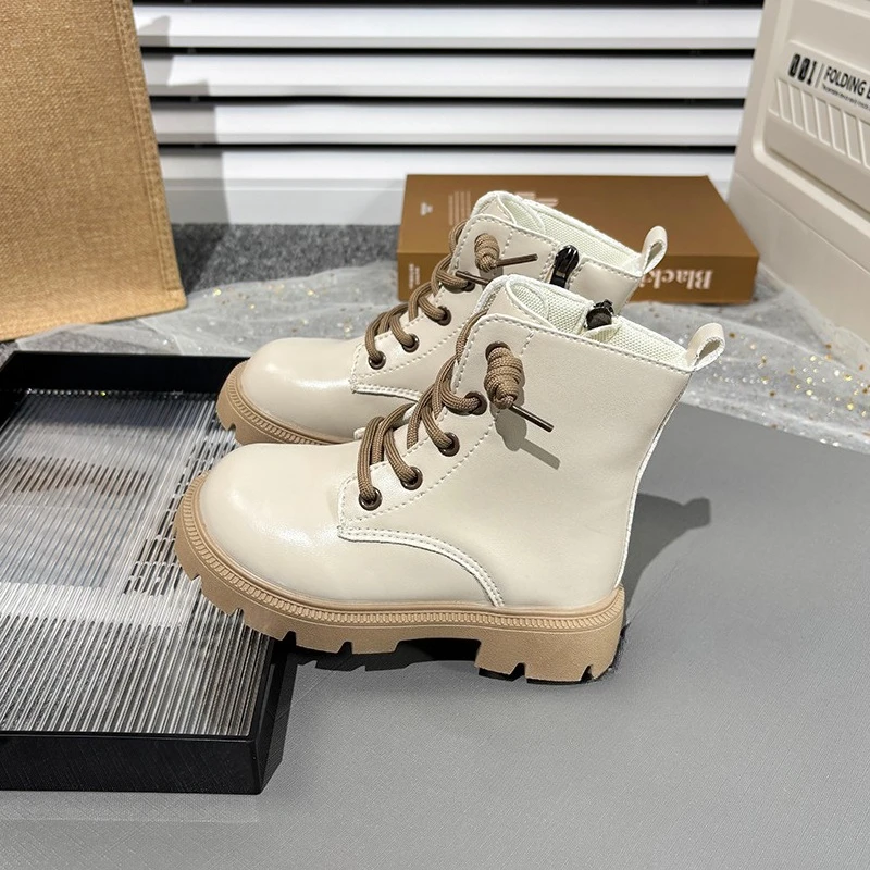 Kids Fashion Causal Boots 2025 New Autumn Boots for Girls Black Beige School Versatile Children Platform Leather Boots Simple