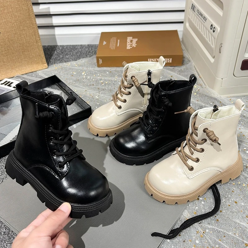 Kids Fashion Causal Boots 2025 New Autumn Boots for Girls Black Beige School Versatile Children Platform Leather Boots Simple