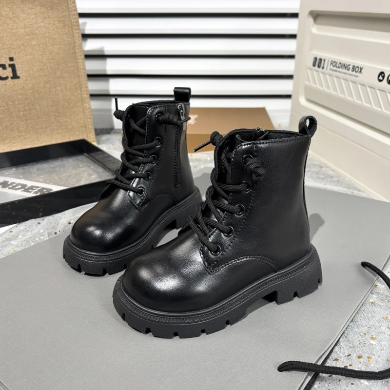 Kids Fashion Causal Boots 2025 New Autumn Boots for Girls Black Beige School Versatile Children Platform Leather Boots Simple
