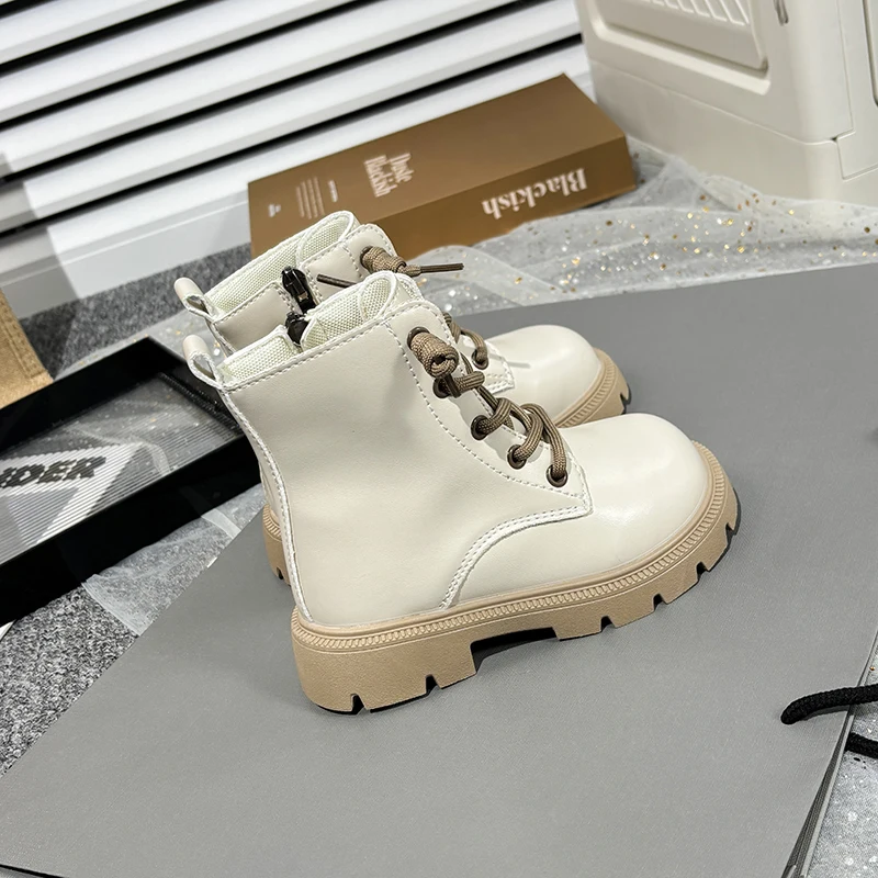 Kids Fashion Causal Boots 2025 New Autumn Boots for Girls Black Beige School Versatile Children Platform Leather Boots Simple