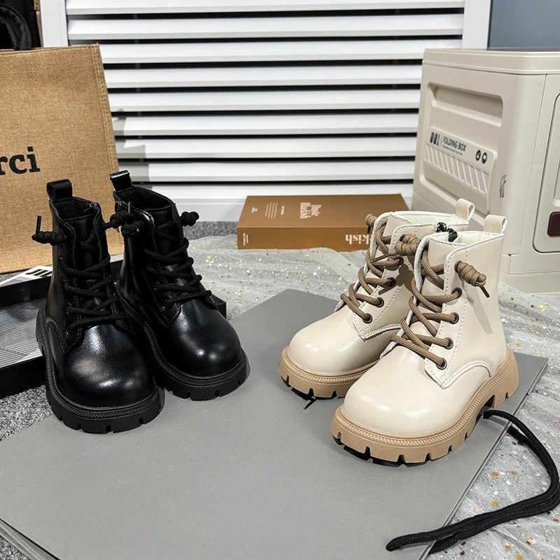 Kids Fashion Causal Boots 2025 New Autumn Boots for Girls Black Beige School Versatile Children Platform Leather Boots Simple