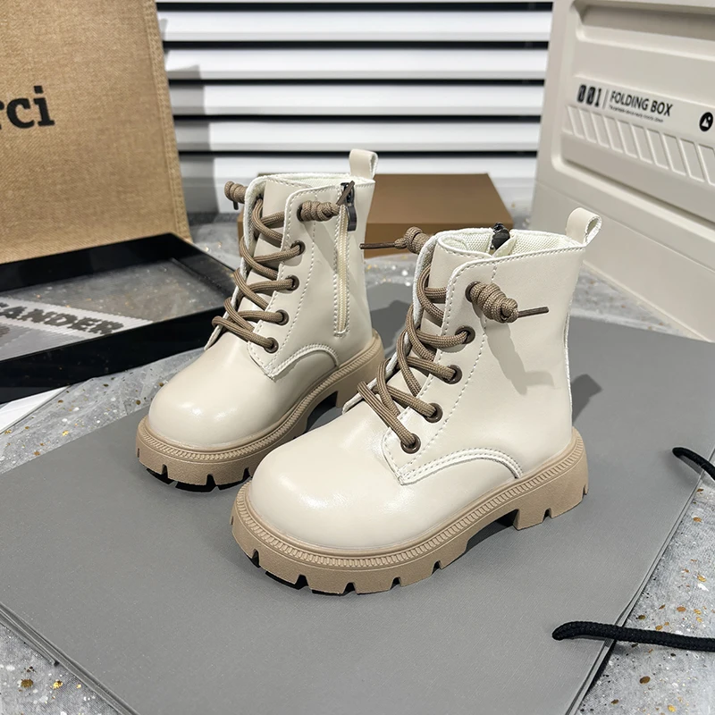 Kids Fashion Causal Boots 2025 New Autumn Boots for Girls Black Beige School Versatile Children Platform Leather Boots Simple