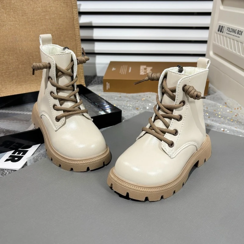 Kids Fashion Causal Boots 2025 New Autumn Boots for Girls Black Beige School Versatile Children Platform Leather Boots Simple
