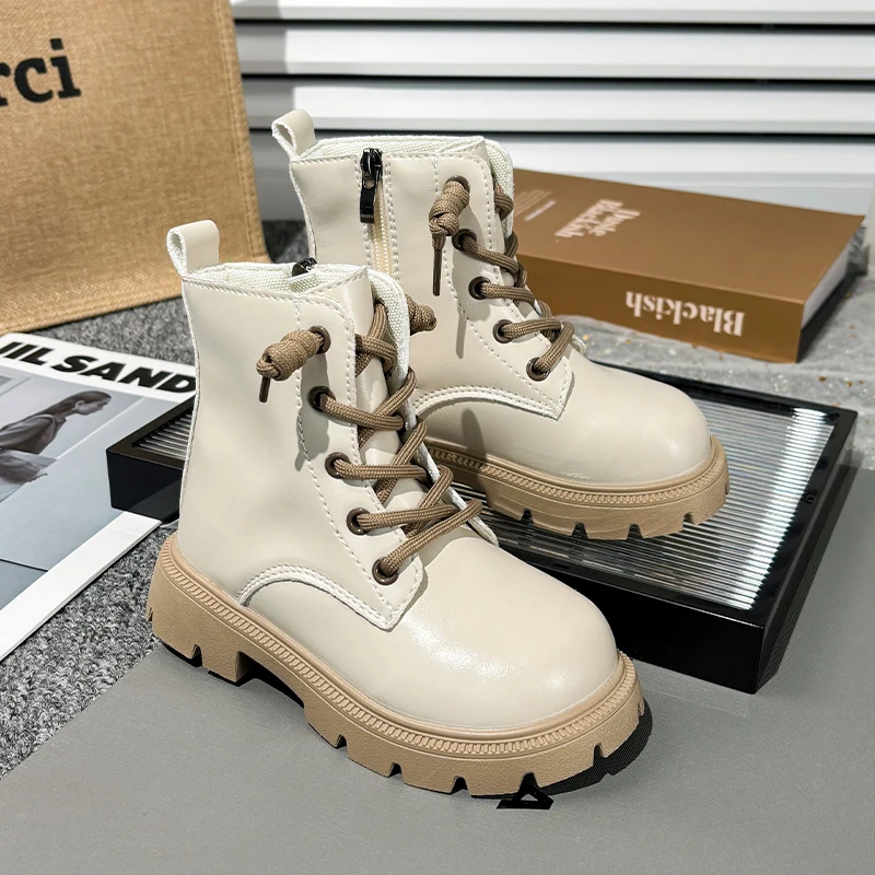 Kids Fashion Causal Boots 2025 New Autumn Boots for Girls Black Beige School Versatile Children Platform Leather Boots Simple