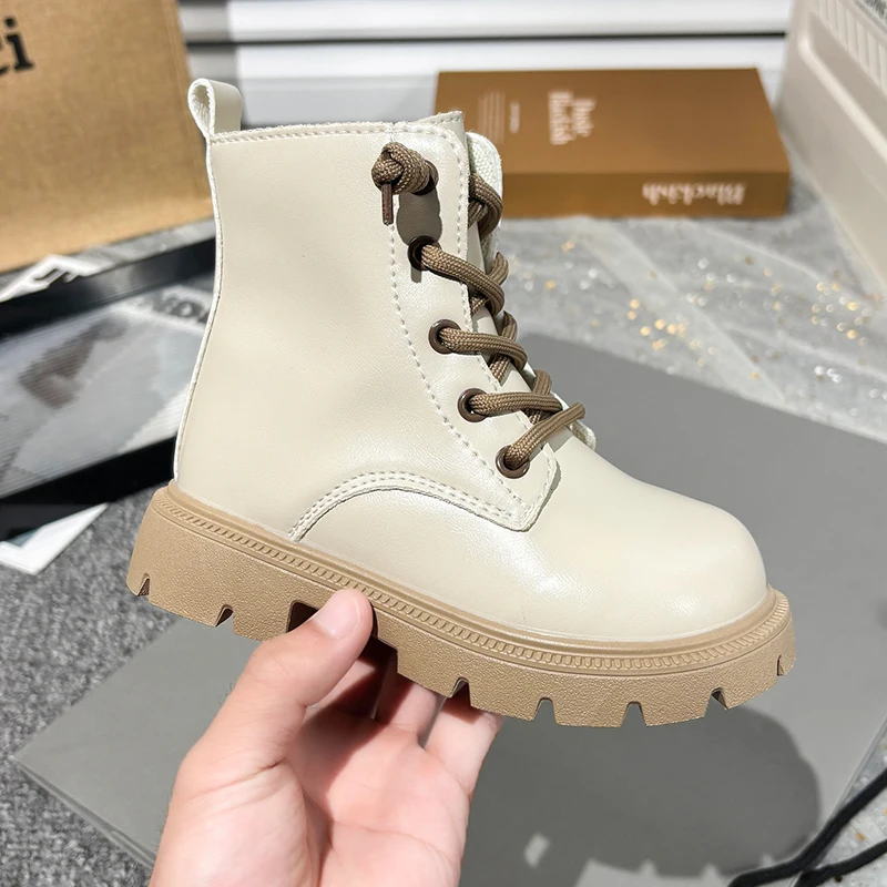 Kids Fashion Causal Boots 2025 New Autumn Boots for Girls Black Beige School Versatile Children Platform Leather Boots Simple