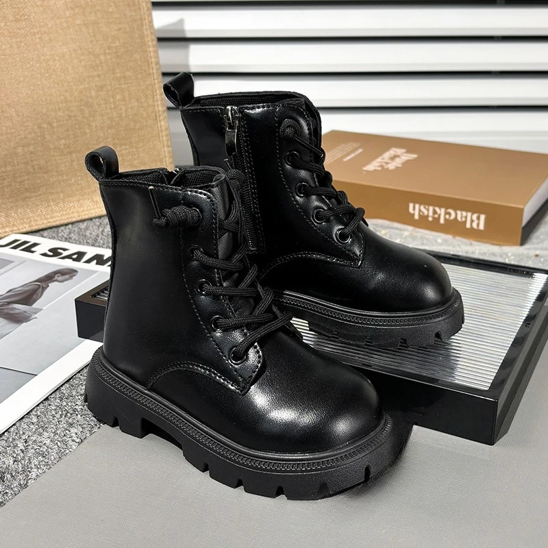 Kids Fashion Causal Boots 2025 New Autumn Boots for Girls Black Beige School Versatile Children Platform Leather Boots Simple