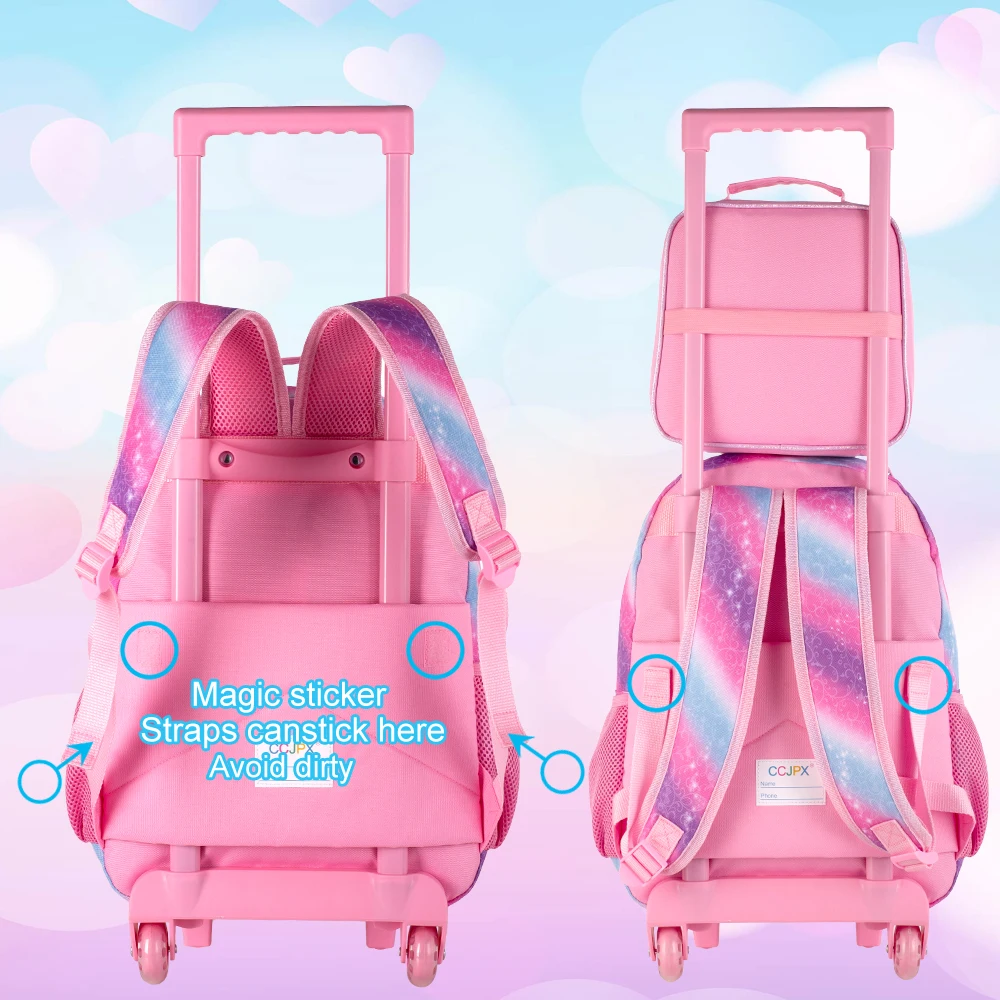 Rolling Backpack for Girls, Cute Dog Roller Wheels Kids Bookbag - Wheeled Elementary School Bag - 3PCS Dog