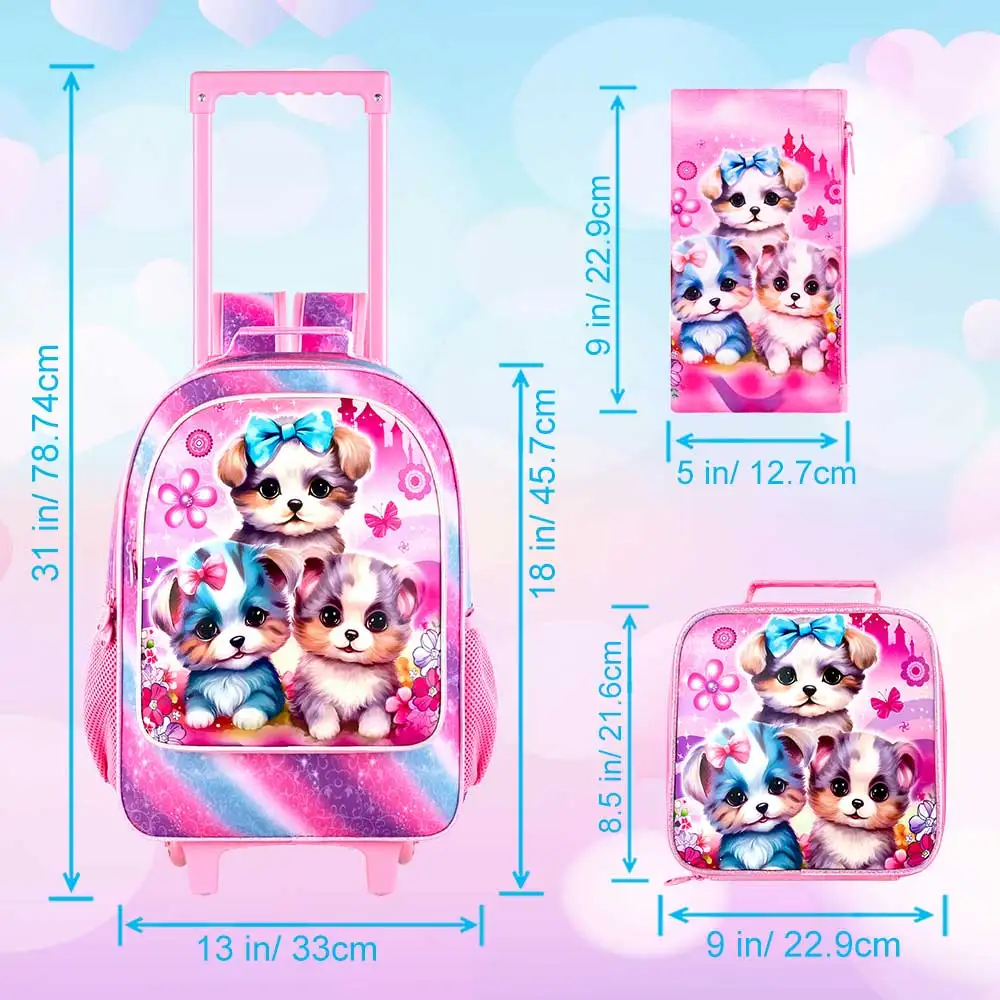 Rolling Backpack for Girls, Cute Dog Roller Wheels Kids Bookbag - Wheeled Elementary School Bag - 3PCS Dog