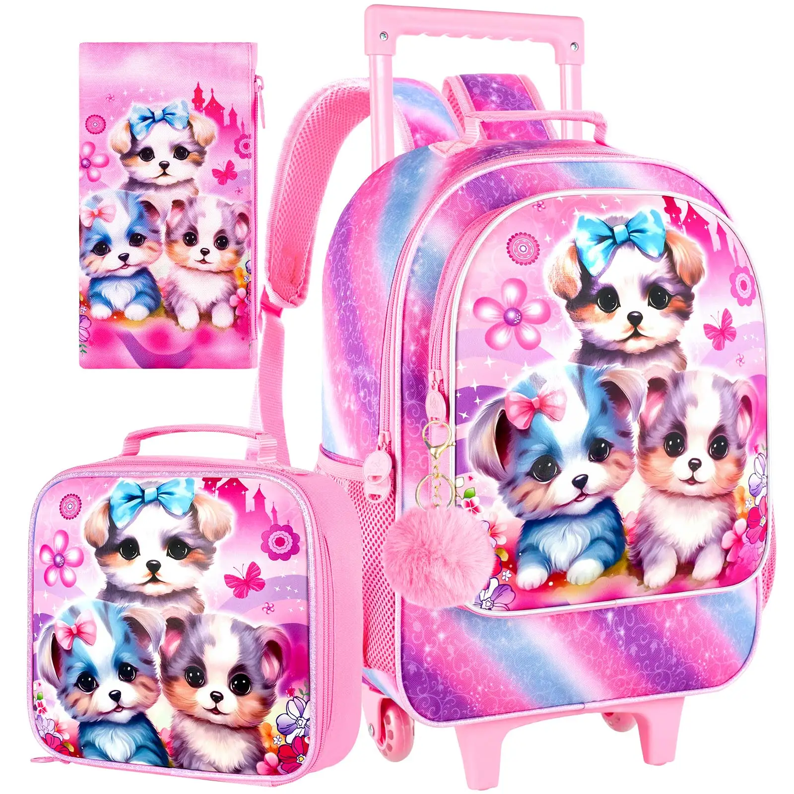 Rolling Backpack for Girls, Cute Dog Roller Wheels Kids Bookbag - Wheeled Elementary School Bag - 3PCS Dog