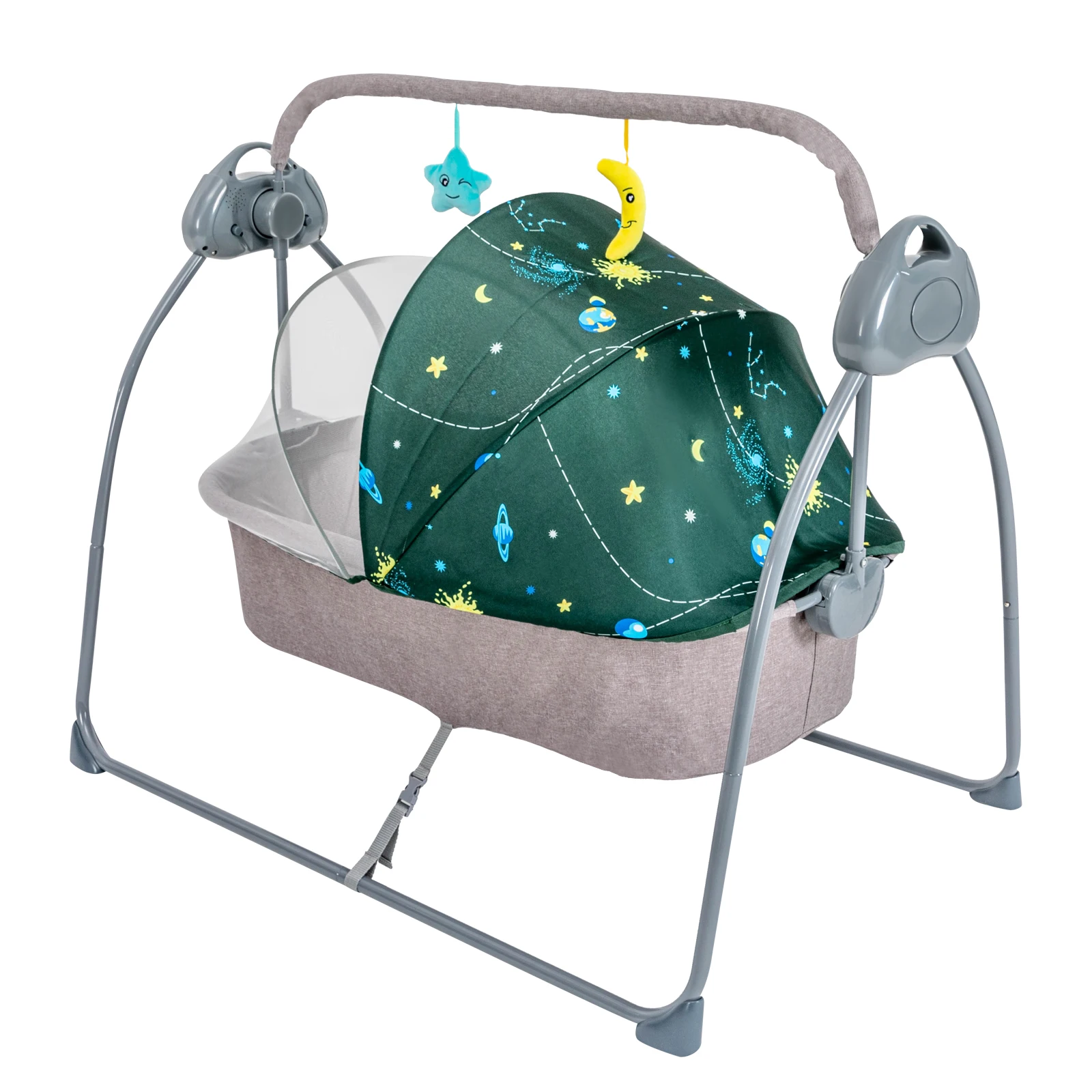Baby Cradle Swing Electric Auto Swing 5 Speed Adjustable Bluetooth USB Music Player Remote Control Timing Function Foldable 55LBS Load Skin-friendly Linen With Mosquito Net U-shaped Pillow Toy Rack For 0-18 Months Infant