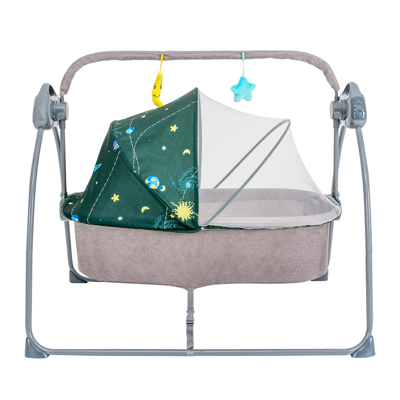 Baby Cradle Swing Electric Auto Swing 5 Speed Adjustable Bluetooth USB Music Player Remote Control Timing Function Foldable 55LBS Load Skin-friendly Linen With Mosquito Net U-shaped Pillow Toy Rack For 0-18 Months Infant