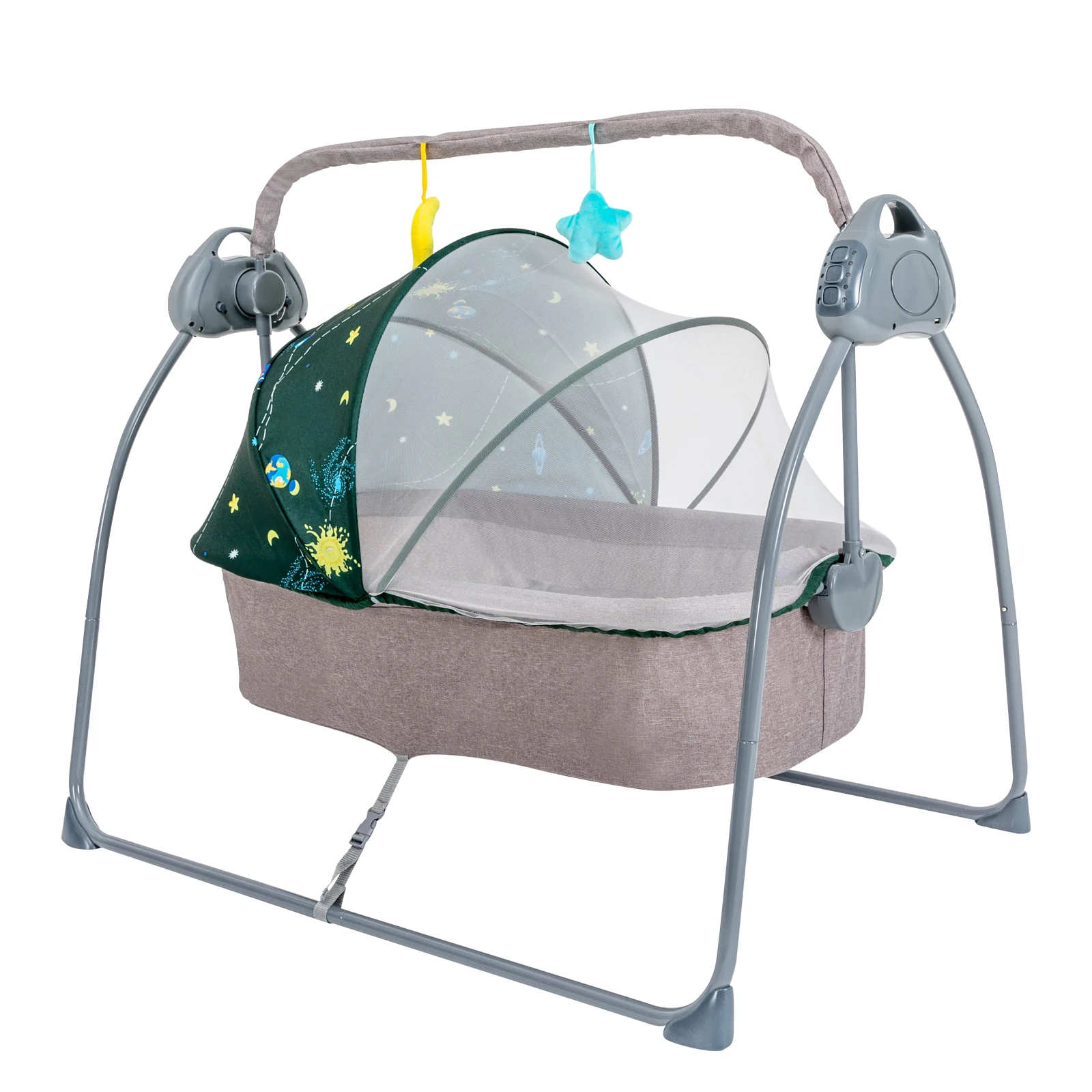 Baby Cradle Swing Electric Auto Swing 5 Speed Adjustable Bluetooth USB Music Player Remote Control Timing Function Foldable 55LBS Load Skin-friendly Linen With Mosquito Net U-shaped Pillow Toy Rack For 0-18 Months Infant