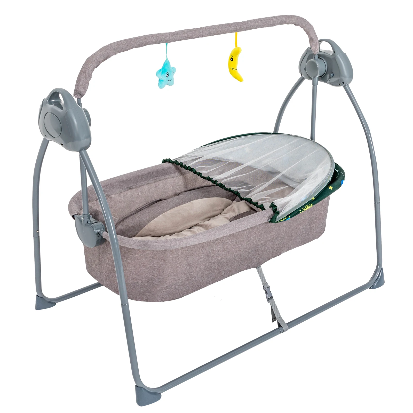 Baby Cradle Swing Electric Auto Swing 5 Speed Adjustable Bluetooth USB Music Player Remote Control Timing Function Foldable 55LBS Load Skin-friendly Linen With Mosquito Net U-shaped Pillow Toy Rack For 0-18 Months Infant