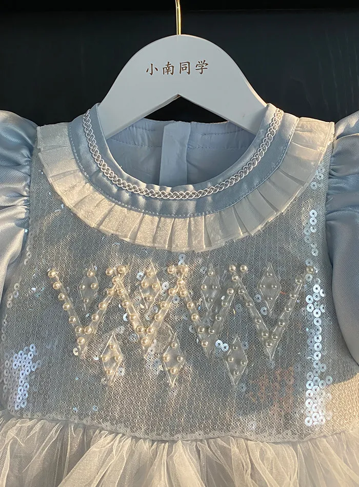 Sweet Little Girls Spring and Summer New Heavy Princess Gown Childrens Puff Sleeve Pearl Sequined Mesh Birthday Party Cake Dress