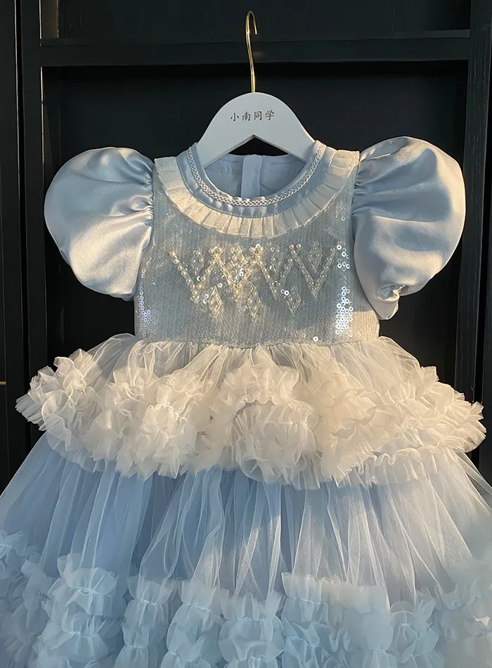 Sweet Little Girls Spring and Summer New Heavy Princess Gown Childrens Puff Sleeve Pearl Sequined Mesh Birthday Party Cake Dress
