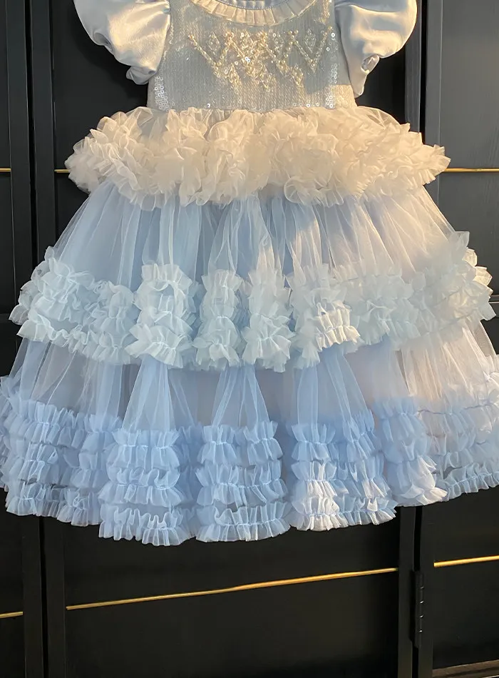 Sweet Little Girls Spring and Summer New Heavy Princess Gown Childrens Puff Sleeve Pearl Sequined Mesh Birthday Party Cake Dress