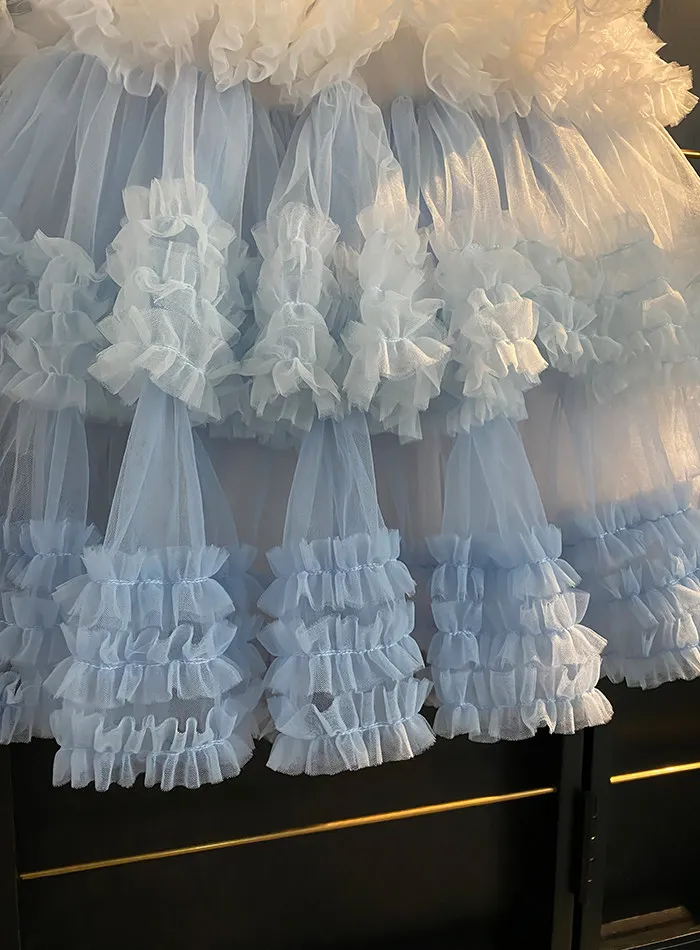 Sweet Little Girls Spring and Summer New Heavy Princess Gown Childrens Puff Sleeve Pearl Sequined Mesh Birthday Party Cake Dress