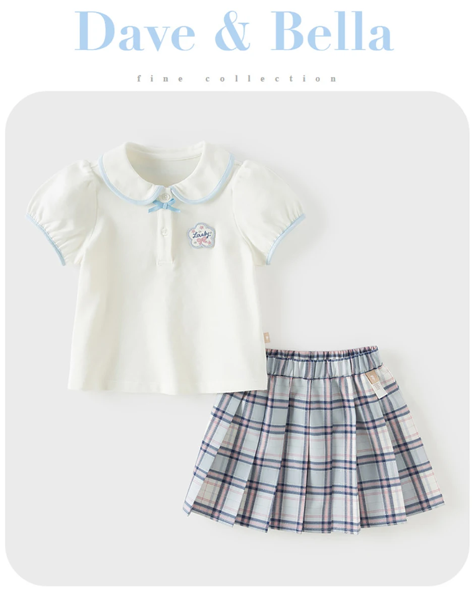 Dave Bella Girls Polo T-shirt Skirt Sets 1-7 Years 2PCS Short Sleeve Top Pleat Skirt Suits Summer Outdoor Clothes Set DB2262214