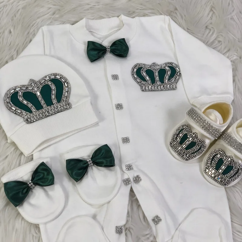 Footed Romper Newborn 0-9 Months 4 Piece Set White Green Crown Bow Prince Royal Boutique Baby Shower Gift With Hat Mittens Shoes