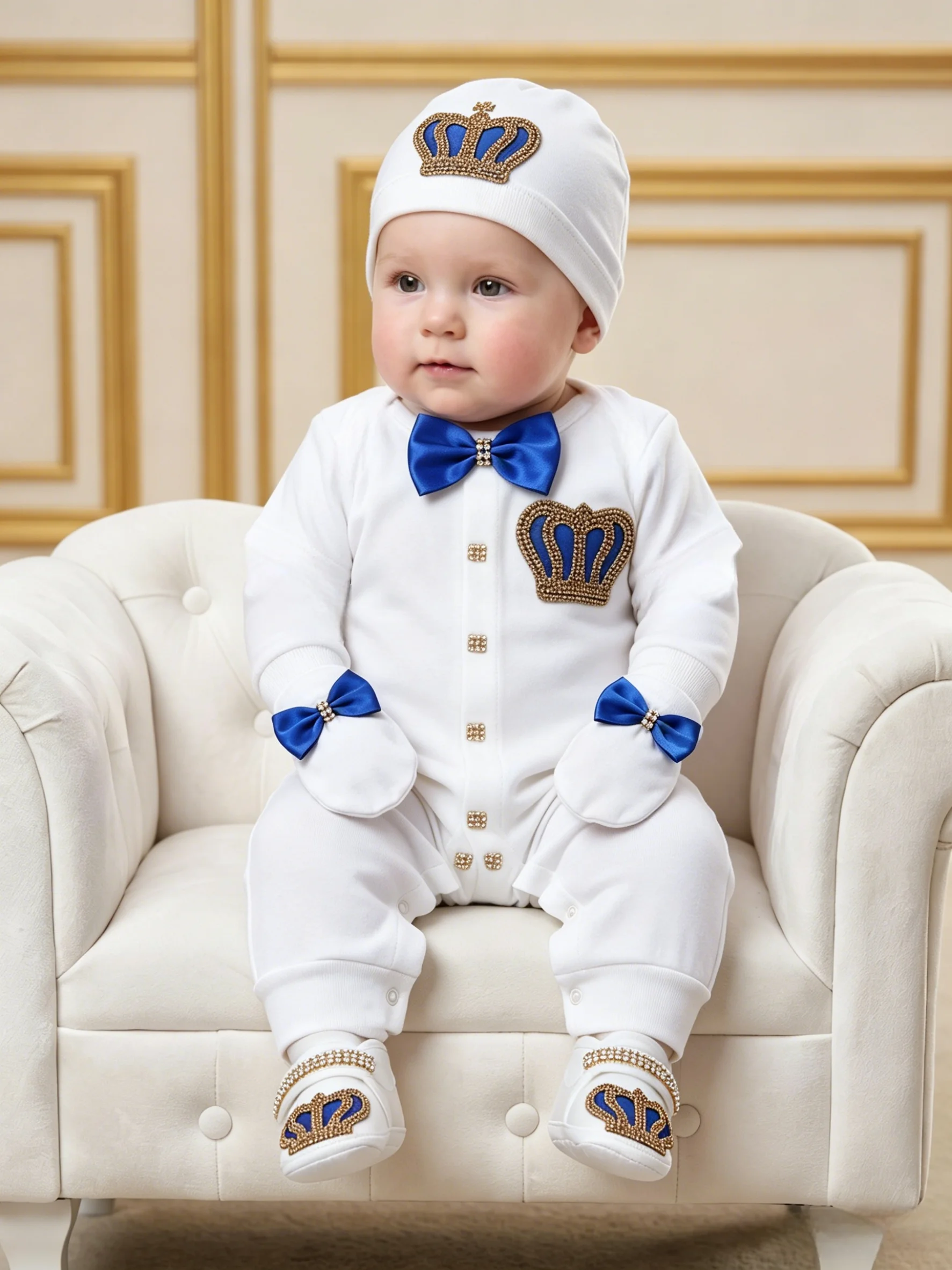 Footed Romper Newborn 0-9 Months 4 Piece Set White Green Crown Bow Prince Royal Boutique Baby Shower Gift With Hat Mittens Shoes