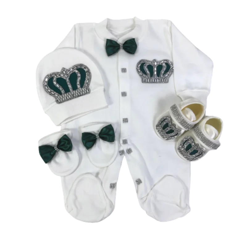 Footed Romper Newborn 0-9 Months 4 Piece Set White Green Crown Bow Prince Royal Boutique Baby Shower Gift With Hat Mittens Shoes