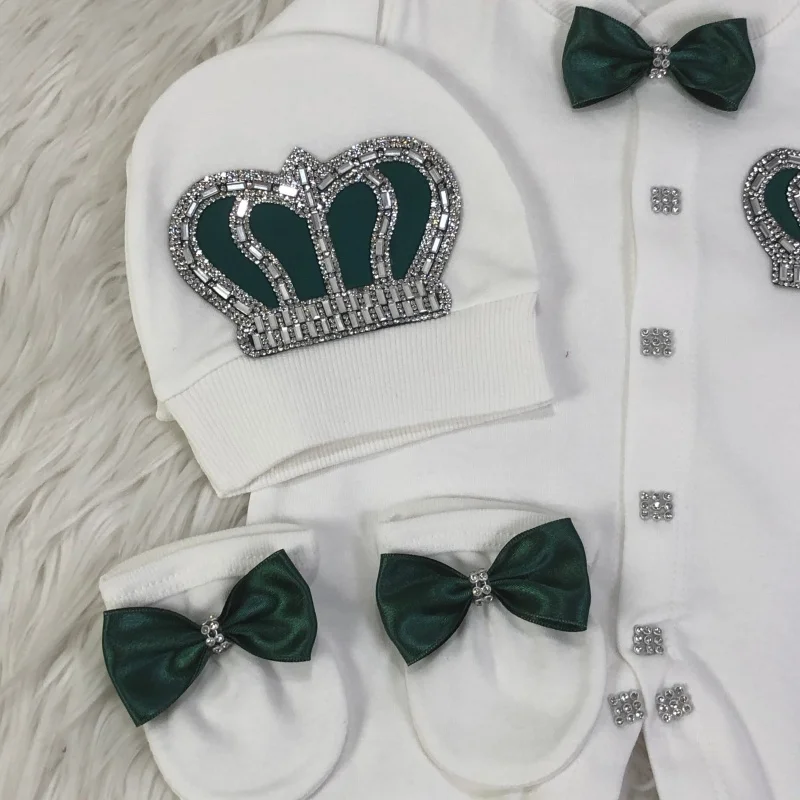 Footed Romper Newborn 0-9 Months 4 Piece Set White Green Crown Bow Prince Royal Boutique Baby Shower Gift With Hat Mittens Shoes