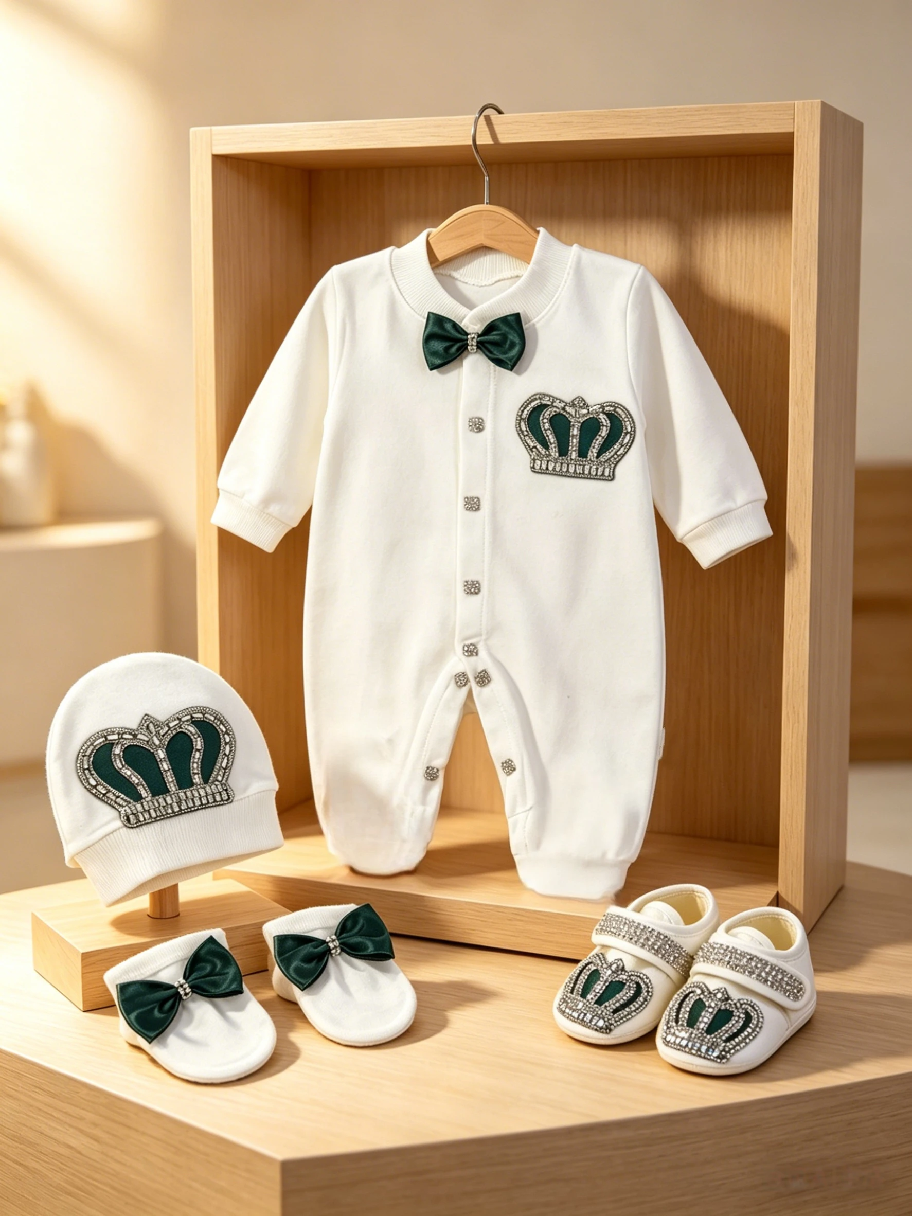Footed Romper Newborn 0-9 Months 4 Piece Set White Green Crown Bow Prince Royal Boutique Baby Shower Gift With Hat Mittens Shoes