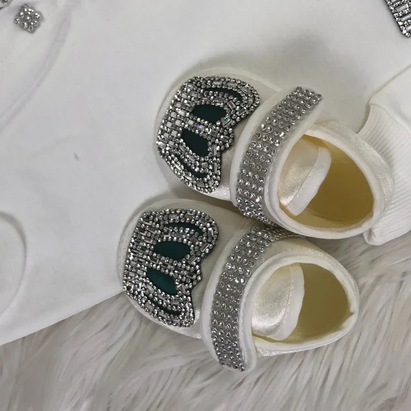 Footed Romper Newborn 0-9 Months 4 Piece Set White Green Crown Bow Prince Royal Boutique Baby Shower Gift With Hat Mittens Shoes