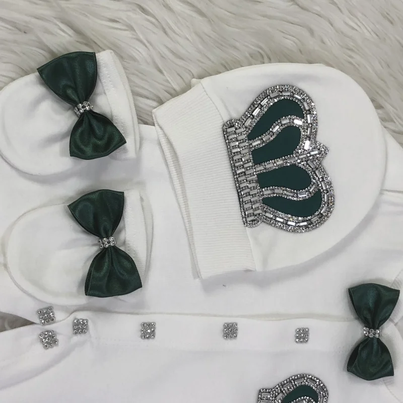 Footed Romper Newborn 0-9 Months 4 Piece Set White Green Crown Bow Prince Royal Boutique Baby Shower Gift With Hat Mittens Shoes