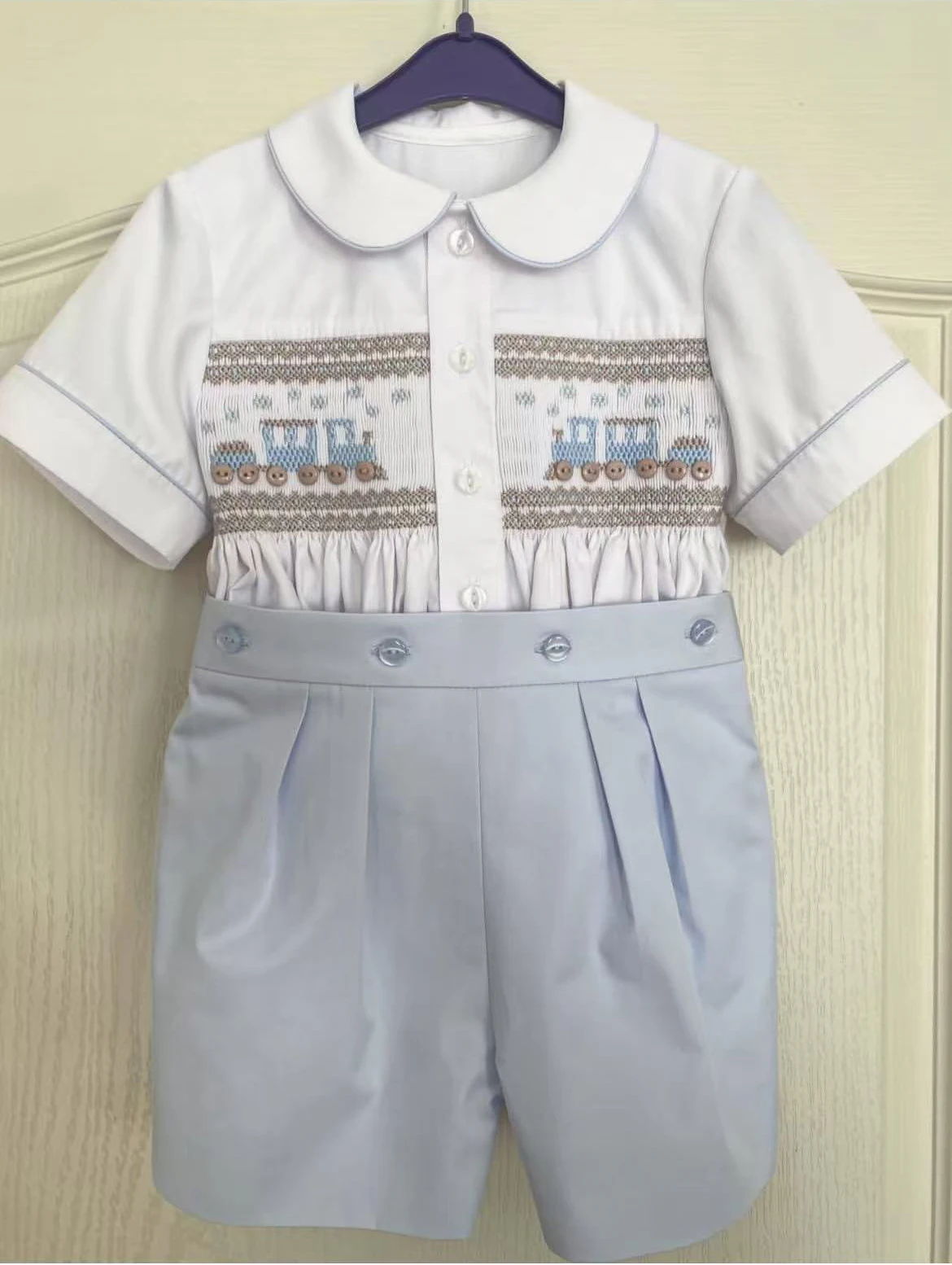 0-6Y Boy Summer Light Blue Handmade Emboidery Smocked Outfit Suit for Birthday Photography Party Casual A332