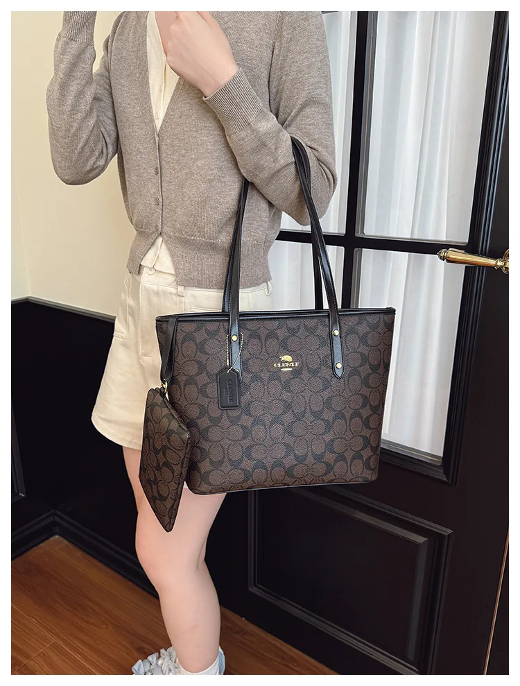 Dark Brown Vintage Print 2 Piece Tote Set Durable Spacious Match Office Workers Daily Grocery Casual Trip