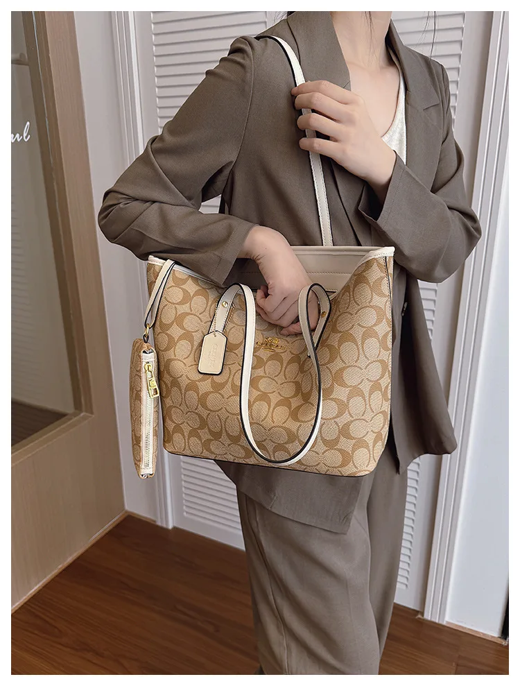 Dark Brown Vintage Print 2 Piece Tote Set Durable Spacious Match Office Workers Daily Grocery Casual Trip