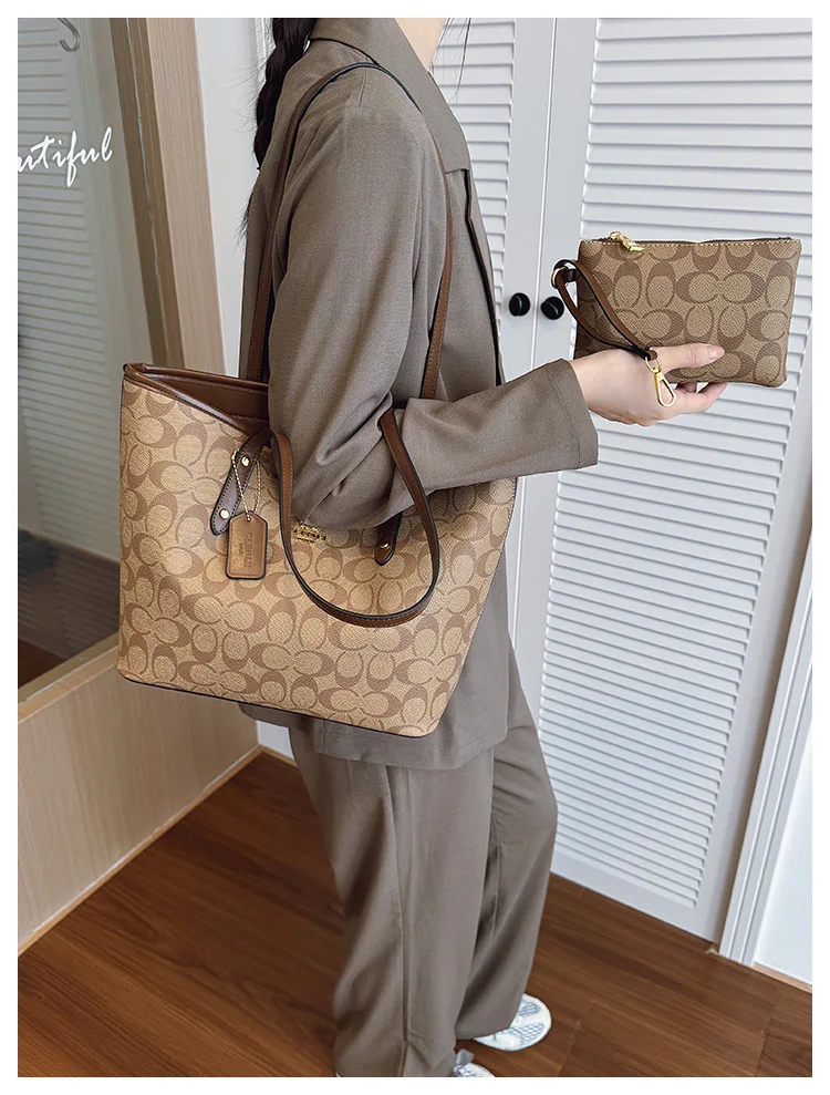 Dark Brown Vintage Print 2 Piece Tote Set Durable Spacious Match Office Workers Daily Grocery Casual Trip
