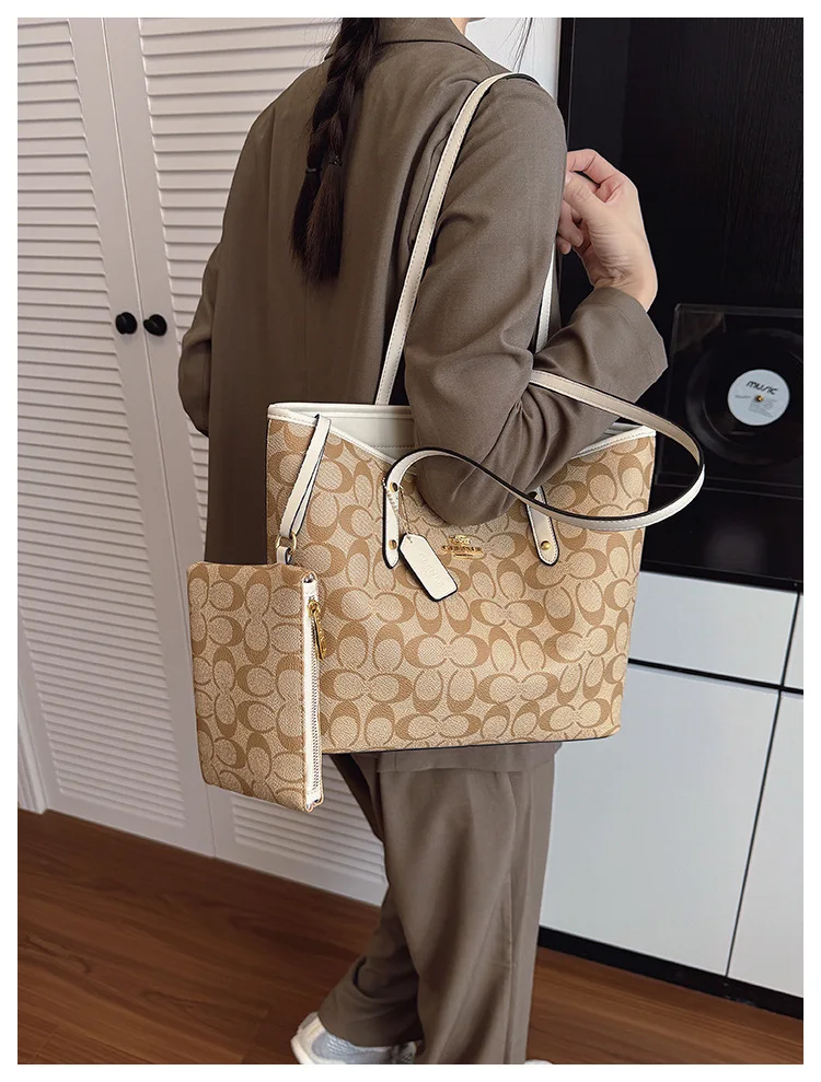 Dark Brown Vintage Print 2 Piece Tote Set Durable Spacious Match Office Workers Daily Grocery Casual Trip