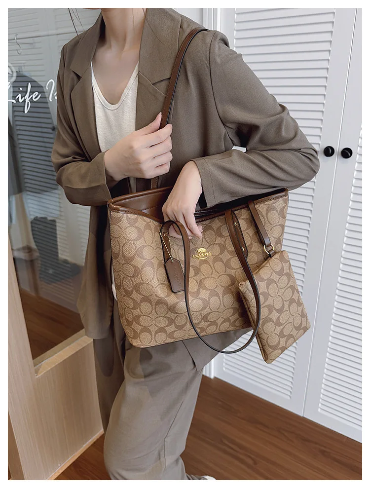 Dark Brown Vintage Print 2 Piece Tote Set Durable Spacious Match Office Workers Daily Grocery Casual Trip