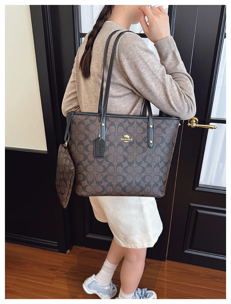 Dark Brown Vintage Print 2 Piece Tote Set Durable Spacious Match Office Workers Daily Grocery Casual Trip