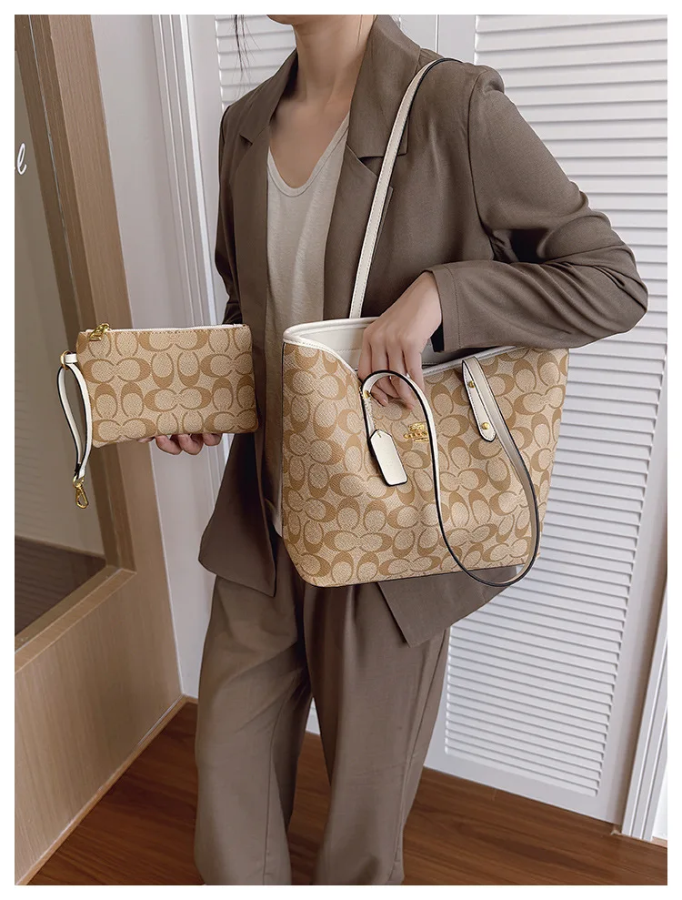 Dark Brown Vintage Print 2 Piece Tote Set Durable Spacious Match Office Workers Daily Grocery Casual Trip