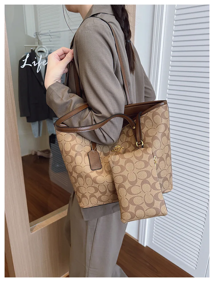 Dark Brown Vintage Print 2 Piece Tote Set Durable Spacious Match Office Workers Daily Grocery Casual Trip