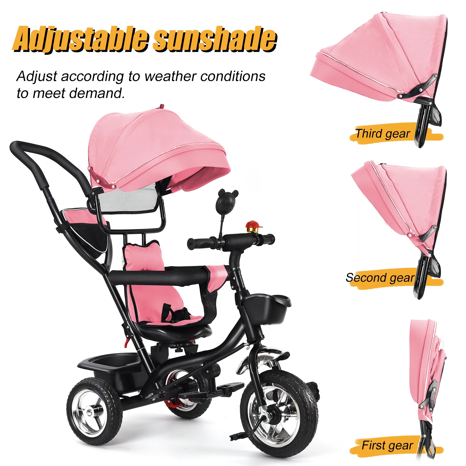 Children's Tricycle with Reversible Seat, Kids' Bike Tricycle with Storage Space, Sunshade, Push Tricycle for Girls and Boys