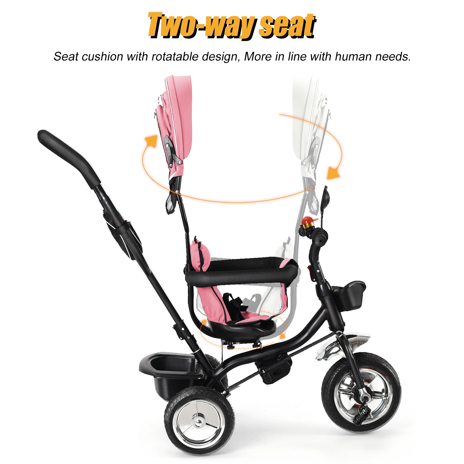 Children's Tricycle with Reversible Seat, Kids' Bike Tricycle with Storage Space, Sunshade, Push Tricycle for Girls and Boys